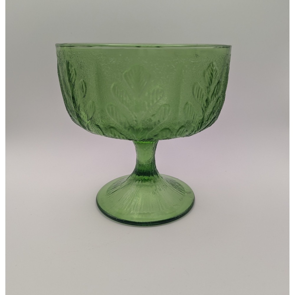 Vintage 1978 FTD Green Glass Pedestal Oak Leaf Bowl Candy Dish Goblet Retro 6"